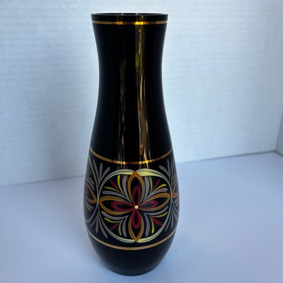 HYALITH Black Glass Vase Painted  Design Gold Bands 7.25 inches - Picture 2 of 10